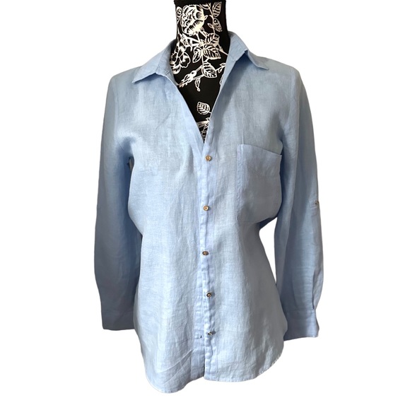 ZARA Linen Top Long Sleeve Button-Up Shirt Light Blue Size XS - Picture 5 of 9